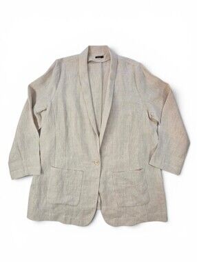 Vivid 100% Linen Blazer Jacket Oatmeal Beige Women 2X Lagenlook Coastal Minimal